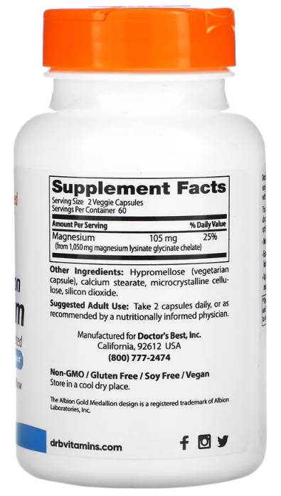 Magnesio glicinato chelato al 100% ad alto assorbimento 105 mg - 120 capsule