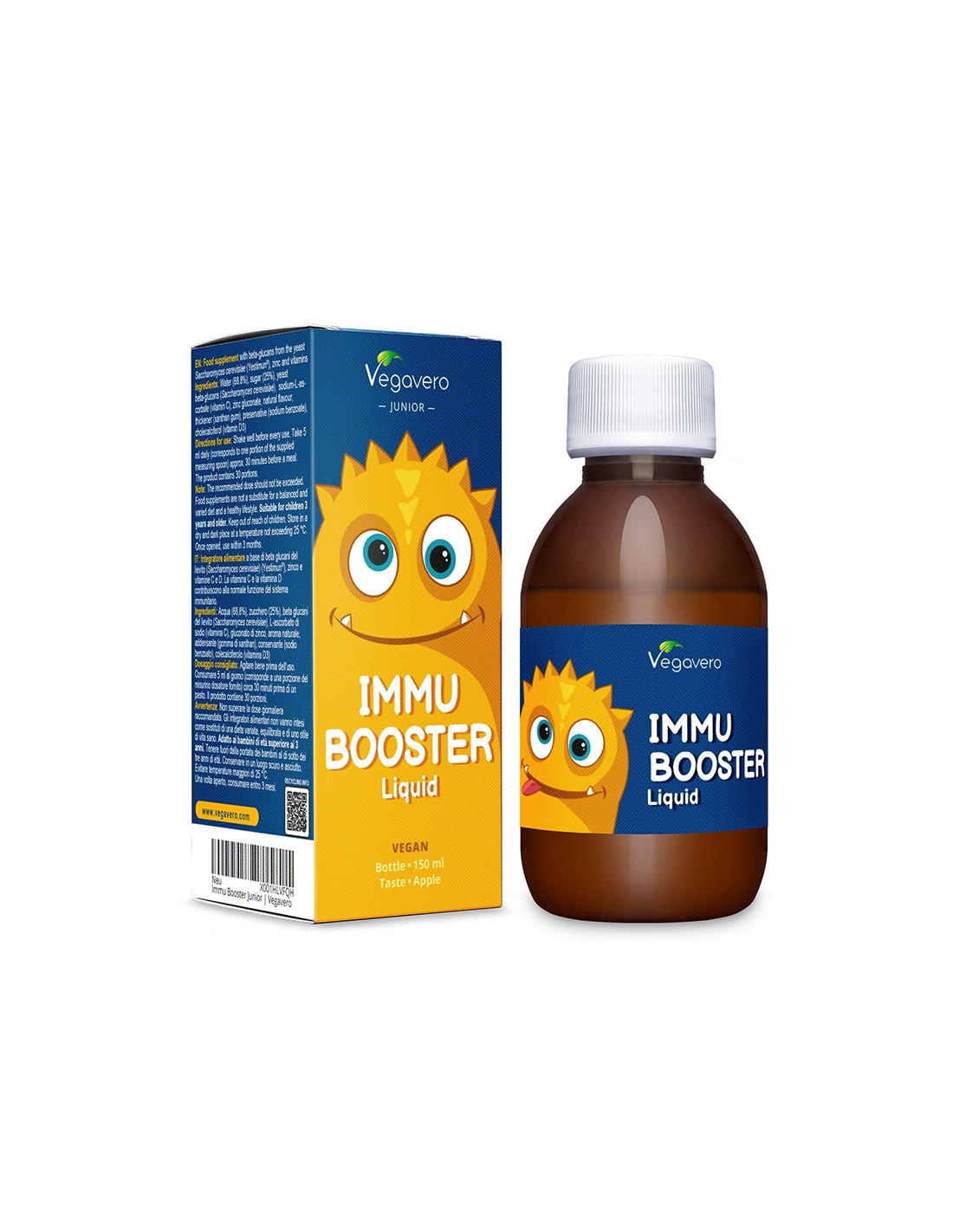 Immu Booster Liquid - Sciroppo potenziatore immunitario per bambini con beta glucani, zinco + vitamina C e D3, 150 ml, gusto mela