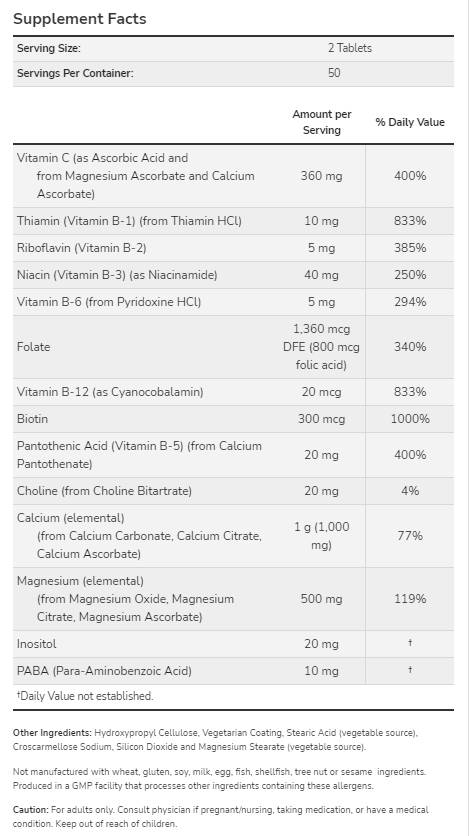 Cal-mag con complesso b e vitamina C | Formula di sollecitazione - 100 compresse