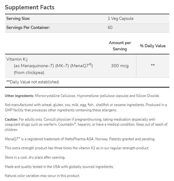 MK-7 Vitamina K-2 300 mcg | MenaQ7® extra potente - 60 capsule