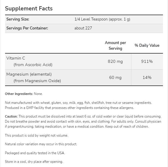 Polvere di ascorbato di magnesio | Vitamina C pura e tamponata - 227 grammi
