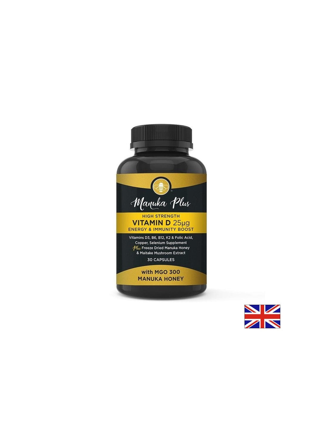 Manuka Plus Vitamina D3 ad alta concentrazione 25 µg di energia & Immune Boost/Formula per un sistema immunitario forte con miele di manuka, 30 capsule