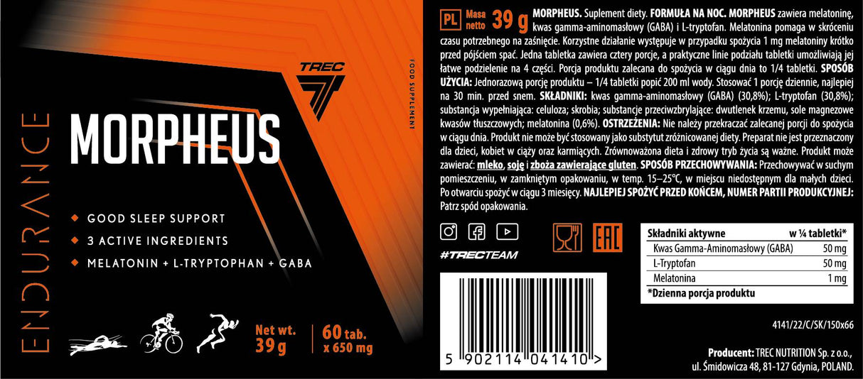 Morpheus Endurance | Supporto per la buonanotte con melatonina e L-triptofano & Gaba - 60 Compresse