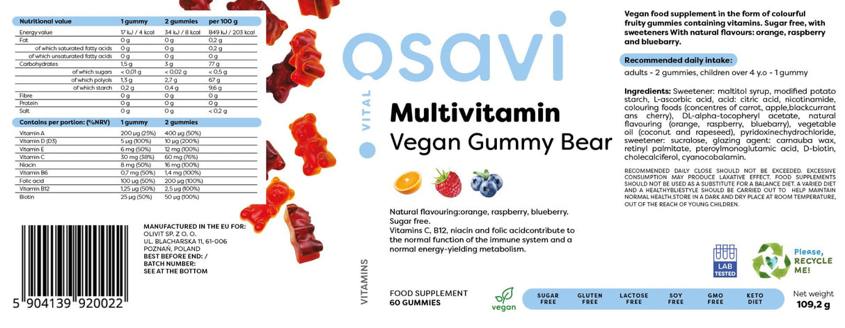 Orsetto Gommoso Vegano Multivitaminico | Arancia, Lampone, Mirtillo - 60 caramelle gommose