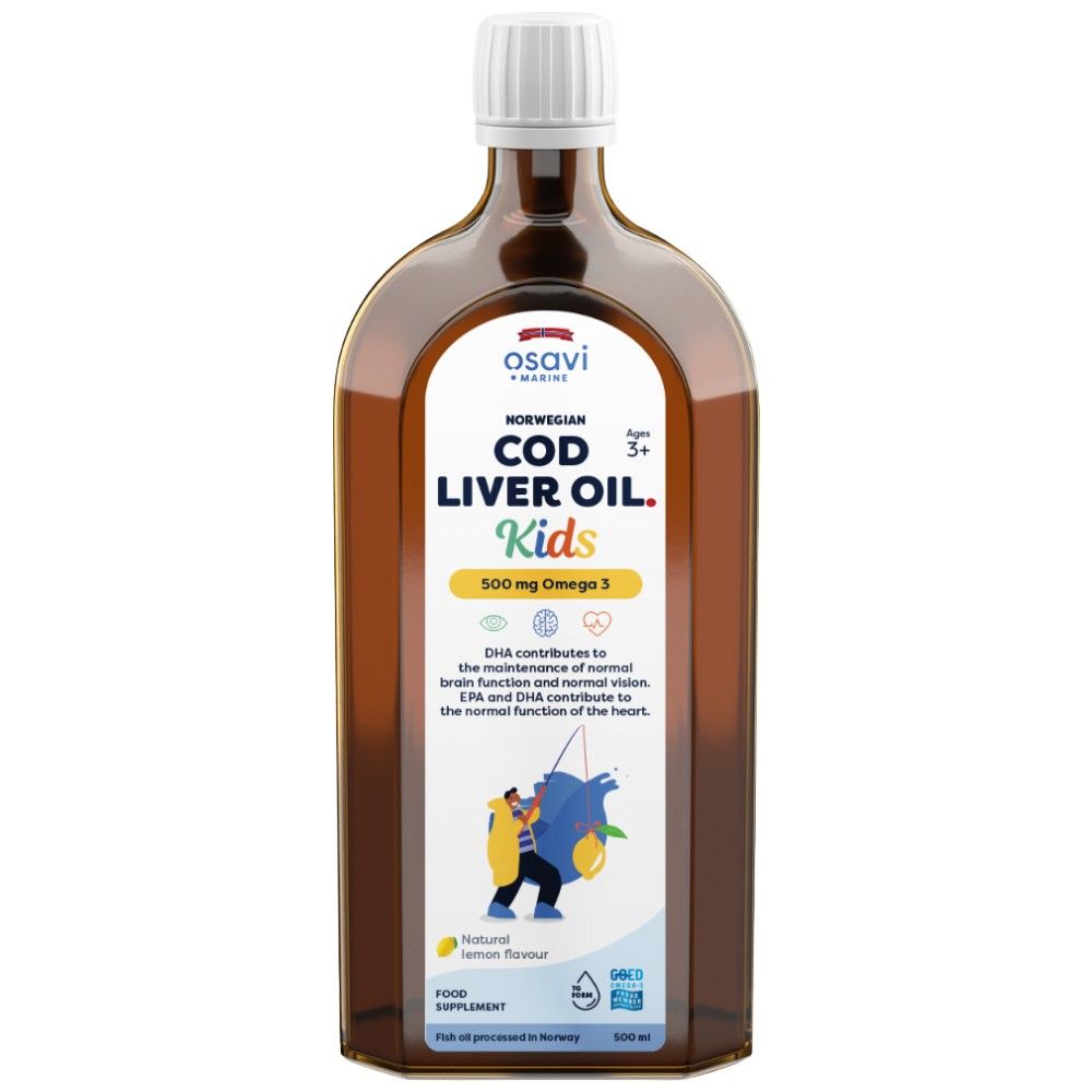 Olio di fegato di merluzzo norvegese per bambini | Omega liquido al gusto di limone - 500 ml