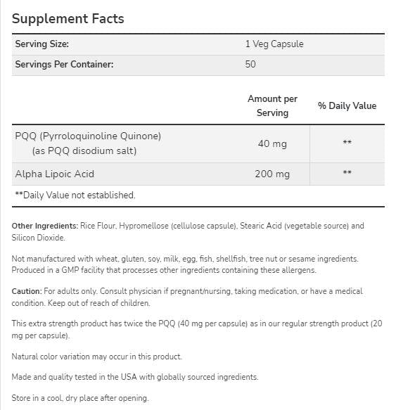 PQQ 40mg forza extra | con Acido Alfa Lipoico 200 mg - 50 capsule