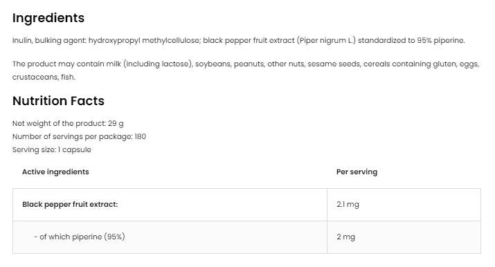Piperina 95 Vege | 2 mg 180 capsule