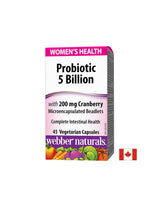 Probiotico per la salute delle donne/Probiotico per le donne 5 ceppi, 5 miliardi di probiotici attivi + Mirtillo rosso x 45 capsule <tc>Webber Naturals</tc>