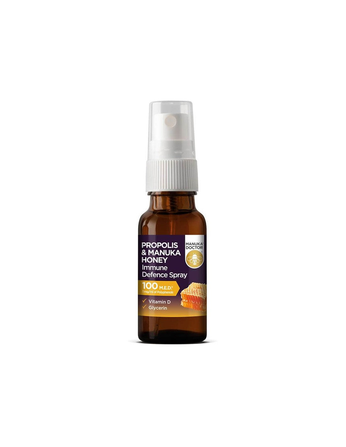 Propoli & Spray di difesa immunitaria al miele di Manuka 100 M.E.D.®/Spray orale con miele di manuka, propoli e vitamina D, 20 ml
