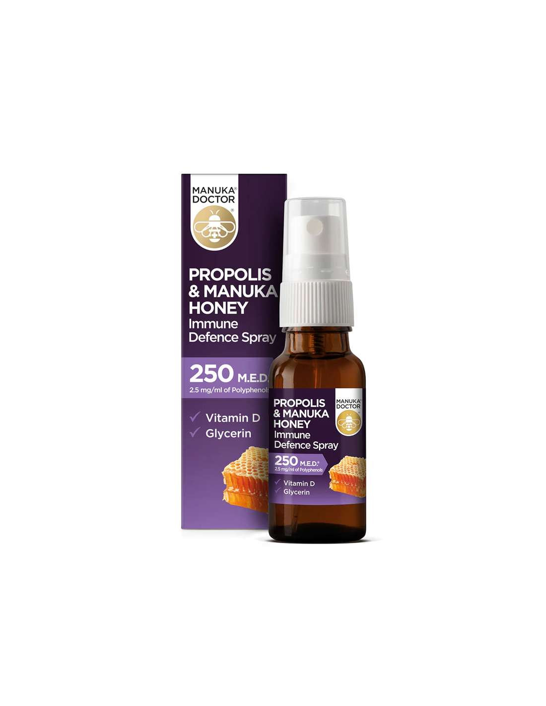 Propoli & Spray di difesa immunitaria al miele di Manuka 250 MED/ Spray per la gola con propoli (250 MED), miele di manuka e vitamina D3, 20 ml