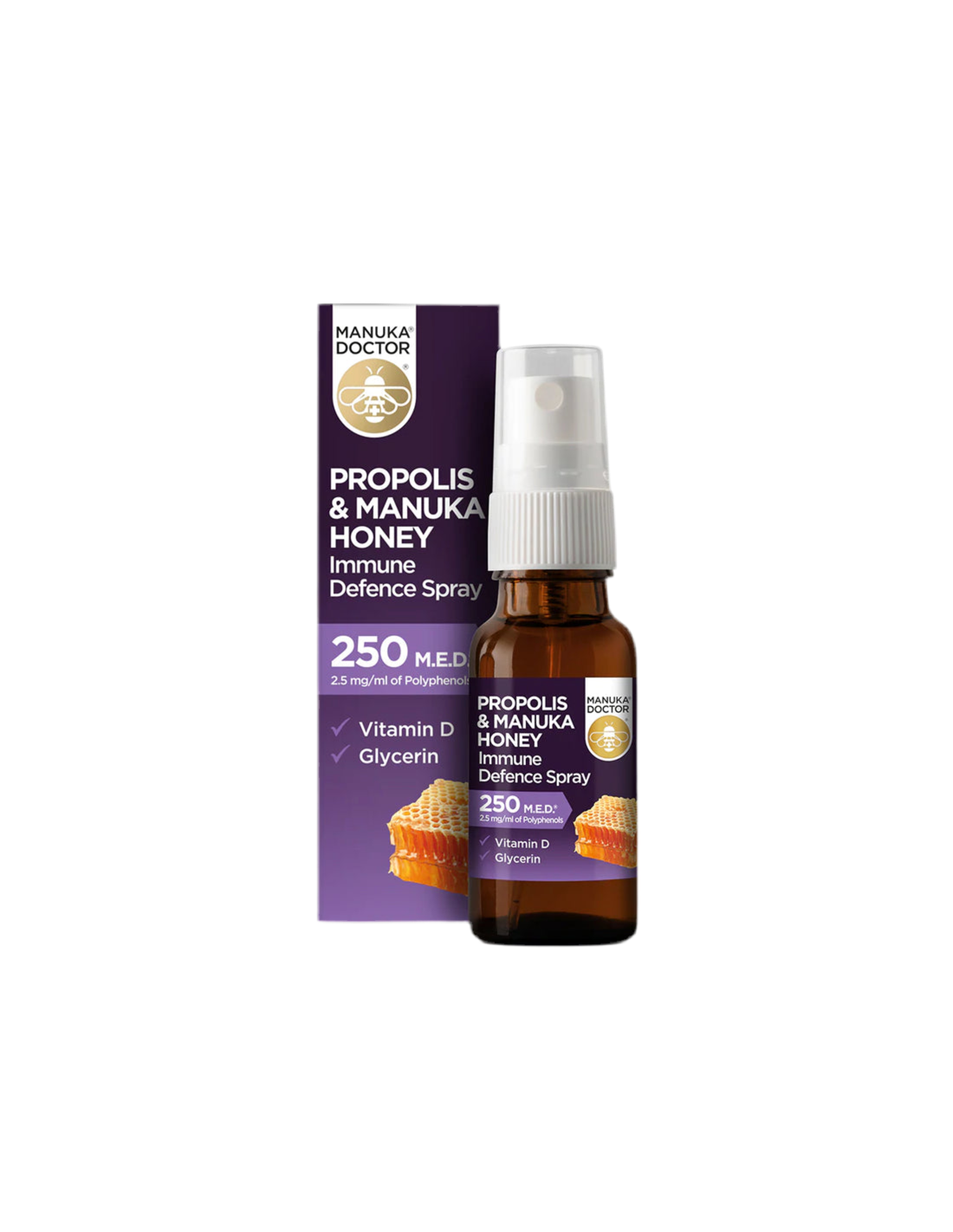 Propoli & Spray di difesa immunitaria al miele di Manuka 250 MED/ Spray per la gola con propoli (250 MED), miele di manuka e vitamina D3, 20 ml