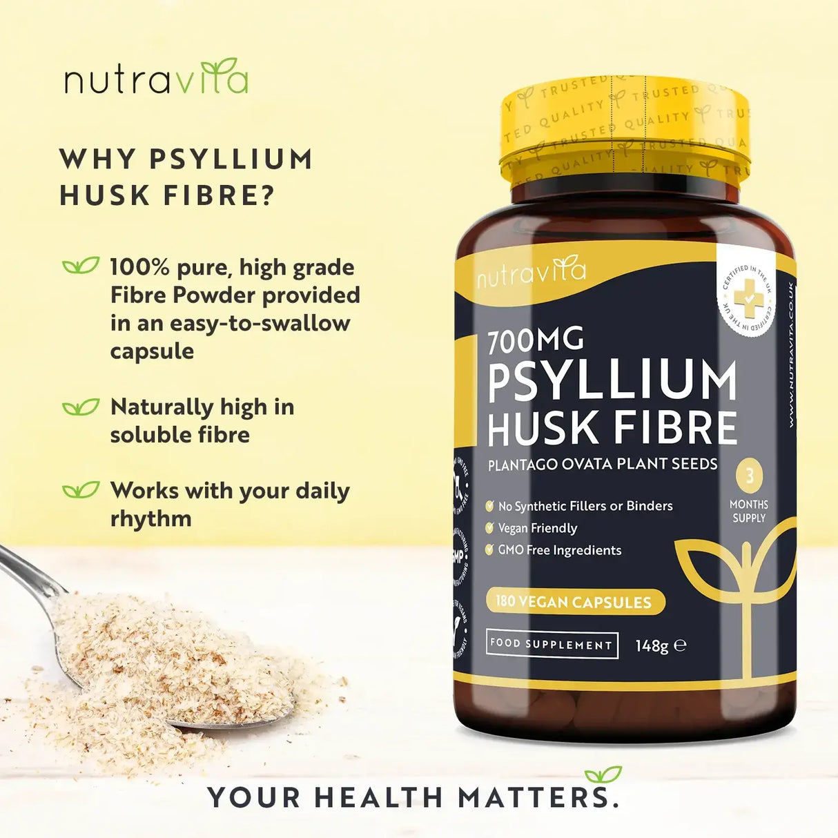 Fibra di buccia di psillio 700 mg 180 capsule vegetali <tc>Nutravita</tc>