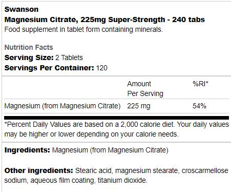Citrato di magnesio super potente 225 mg 240 compresse