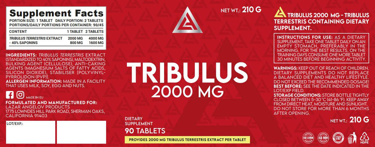 Tribulus 2000 mg | Estratto Mega Dose Tribulus Terrestris - 90 compresse