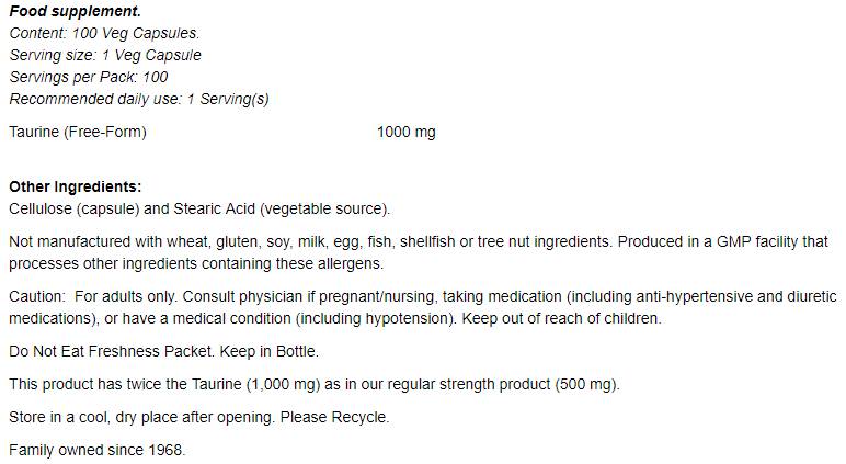 Taurina 1000 mg/Doppia potenza - 250 capsule