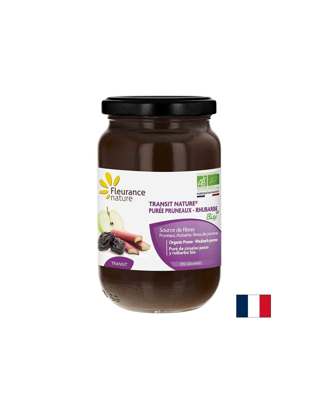 Purea di prugne con rabarbaro e fibra di mela - contro la stitichezza - Transit nature - per normalizzare i movimenti intestinali, 290 g Fleurance Nature