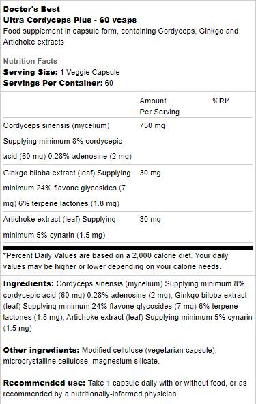 Ultra Cordyceps Plus | Con carciofo & Ginkgo Biloba - 60 capsule