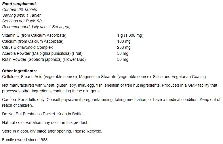 Complesso di vitamina C-1000 - Tamponato con 250 mg di bioflavonoidi - 180 Compresse