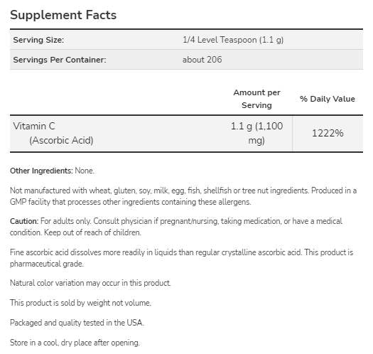 Vitamina C | Acido ascorbico - Grado farmaceutico - 454 grammi