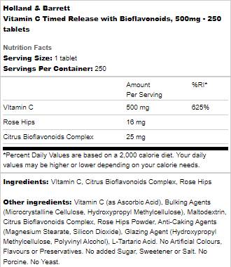 Vitamina C a rilascio temporizzato 500 mg | Con bioflavonoidi - 250 compresse