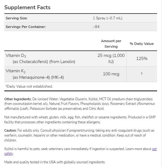 Vitamina D-3 1000 UI & K-2 100 mcg | Spray liposomiale - 59 ml