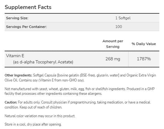 Vitamina E-400 UI D-Alfa - 250 capsule di gel