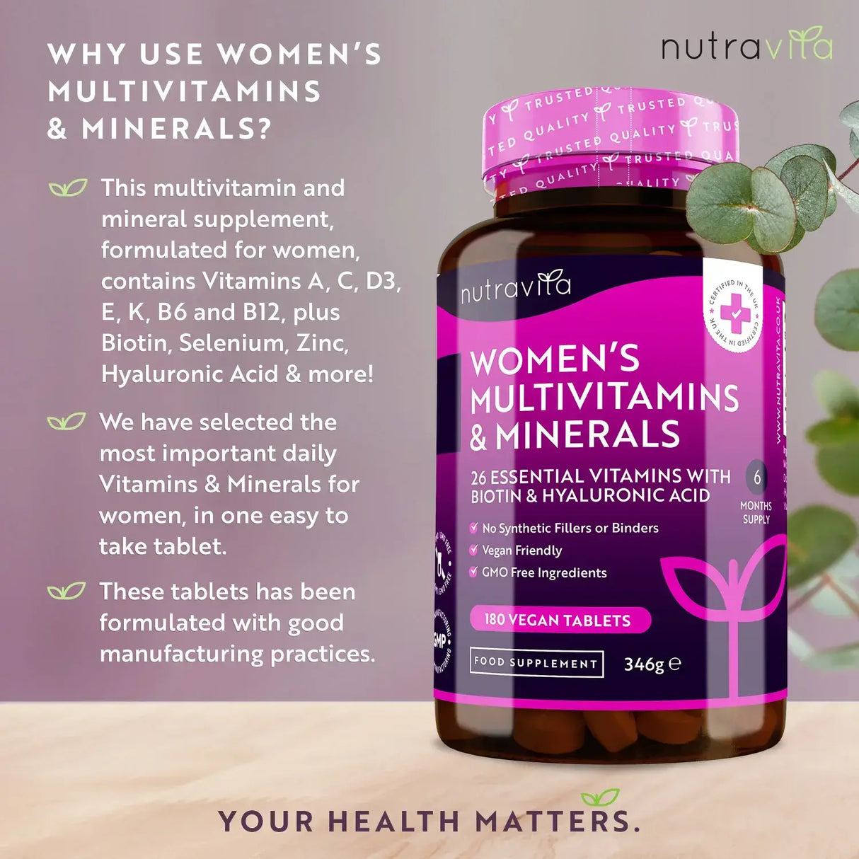 Multivitaminici da donna con biotina e acido ialuronico 180 compresse vegane