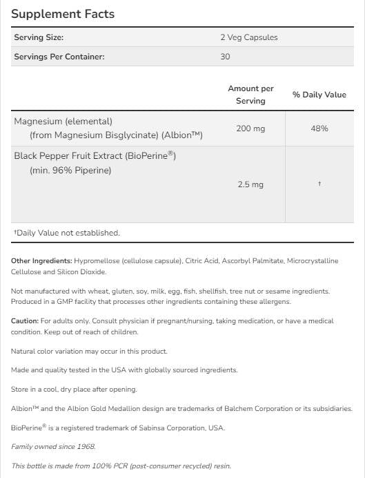 Glicinato di magnesio con bioperina® - 180 capsule