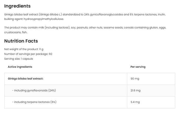 Ginkgo Biloba 90 mg/Vege - 60 capsule