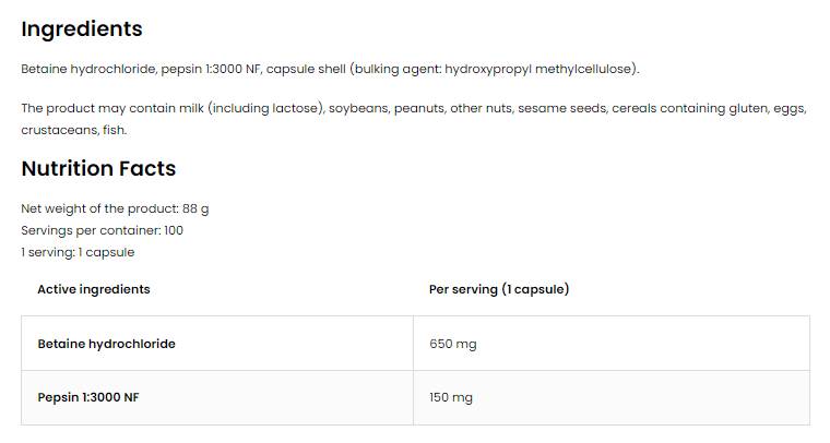 Capsule Betaine HCl + Pepsin 100