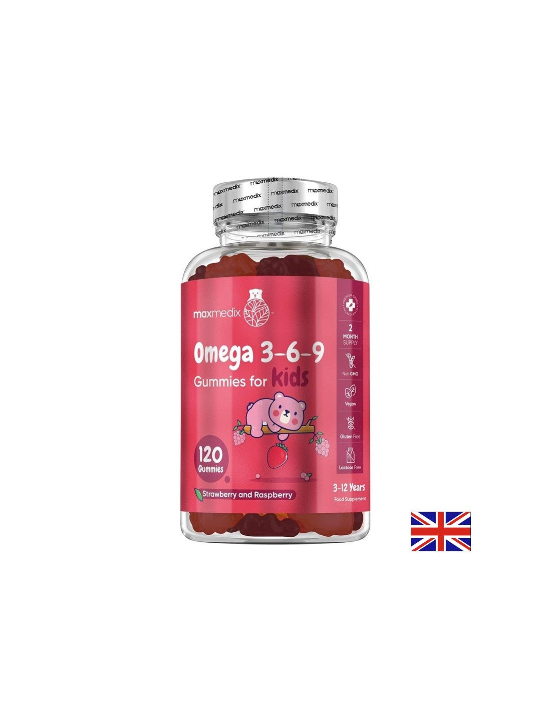 Immunità e funzione cerebrale-Omega 3-6-9 per bambini, 120 compresse di gelatina, sapore di fragola e lampone