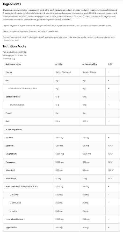 Polvere isotonica + BCAA, L-carnitina, L-glutamina-500 grammi