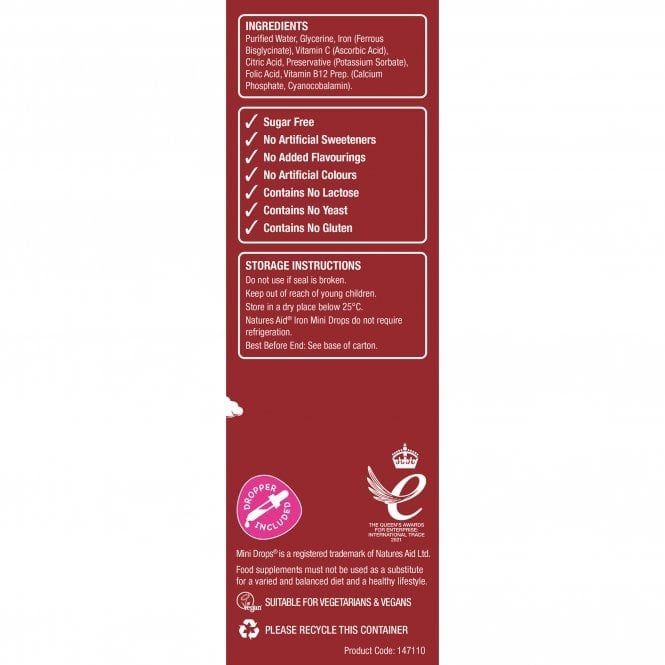 Ferro + Vitamina C + Vitamina B12 + Acido folico gocce per bambini (Mini Drops Iron) 50ml NaturesAid