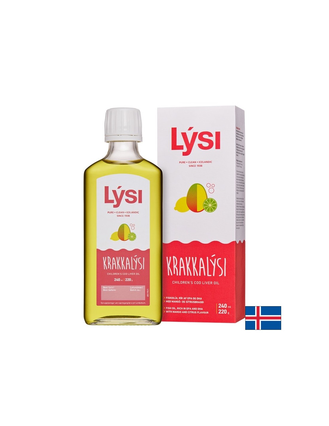 Omega-3 per bambini e adulti 2390 mg (olio di fegato di merluzzo islandese), 240 ml, con mango e sapore di agrumi