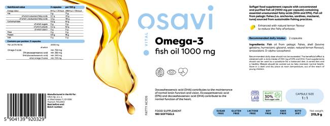 Omega 3 olio di pesce 1000 mg/sapore di limone - 180 capsule gel