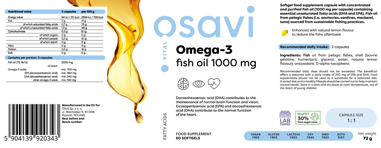 Omega 3 olio di pesce 1000 mg/sapore di limone - 60 capsule gel