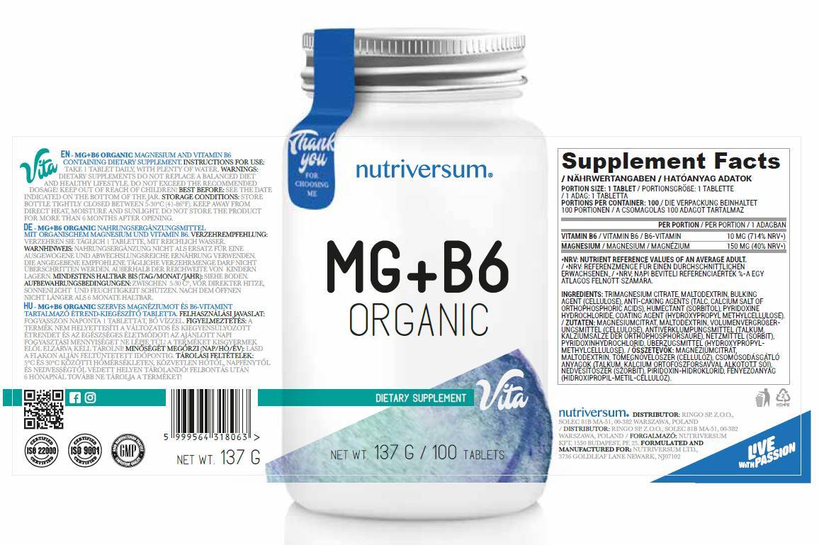 Mg + B6 | Magnesio organico + vitamina B6 - 60 compresse