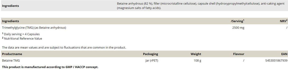 Betaina TMG 750 mg - 120 capsule