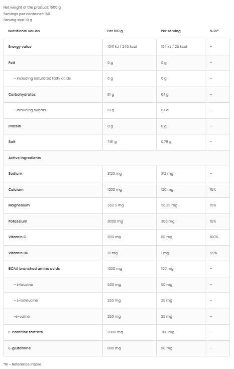 Polvere isotonica + BCAA, L-carnitina, L-glutamina-500 grammi