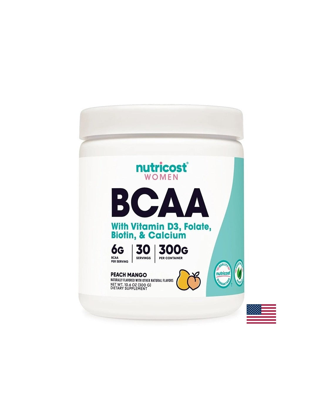 Aminoacidi a catena ramificata BCAA + vitamina D3, acido folico, biotina, calcio (per donne), polvere di 300 g con sapore di mango